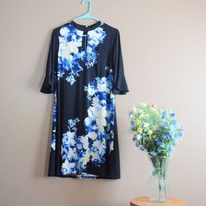 Women's Black Floral Shift Dress 3/4 Bell Sleeves